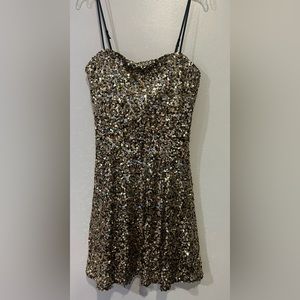 B Darlin A-Line, Square Neckline, Gold Sequined Dress. Size Small. NWOT.